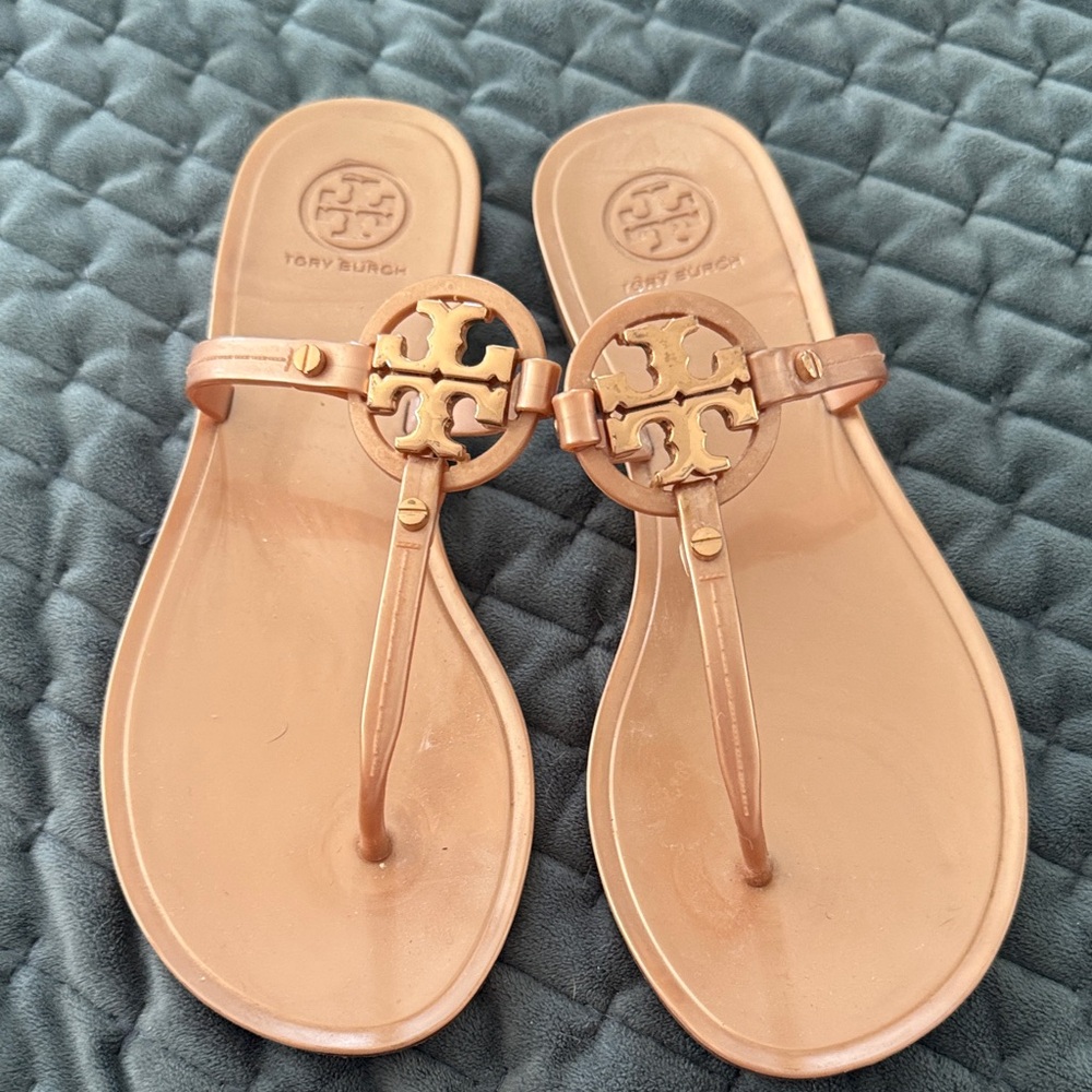 Tory Burch Metallic Rose Gold Miller Logo Thong Sandals